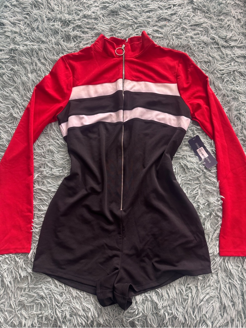 Very Sexy Red & Black Zip-Front Long Sleeve Athletic Romper